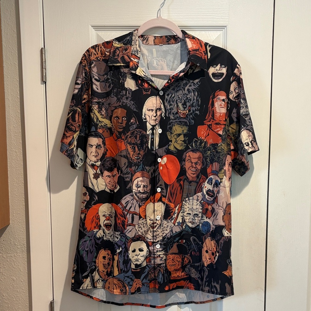 Men's Black Graphic Horror Character Short-Sleeve Shirt - Medium